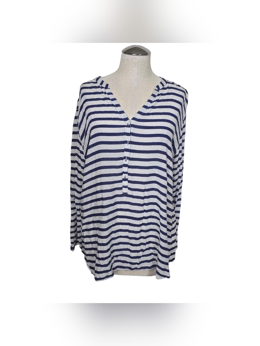 Grand & Greene Striped Shirt XL Blue White Tab Sleeves Rayon